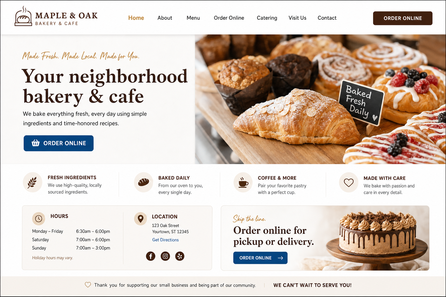 Example homepage for a neighborhood bakery and cafe