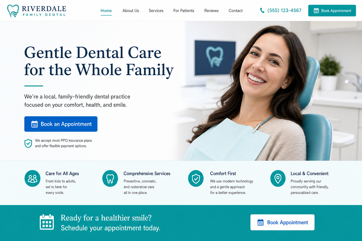 Example homepage for a family dental practice with online booking