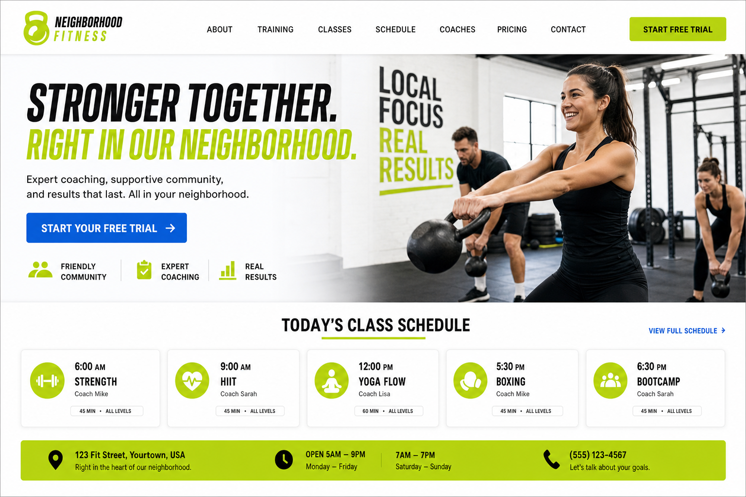 Example fitness studio website homepage