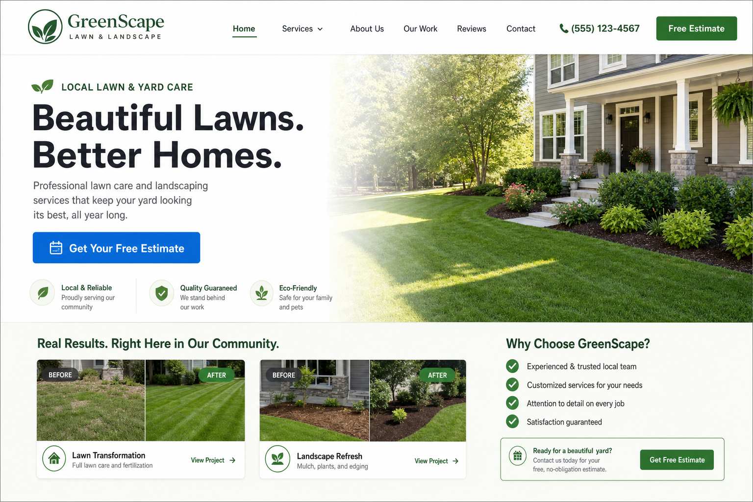 Example lawn and landscape website homepage
