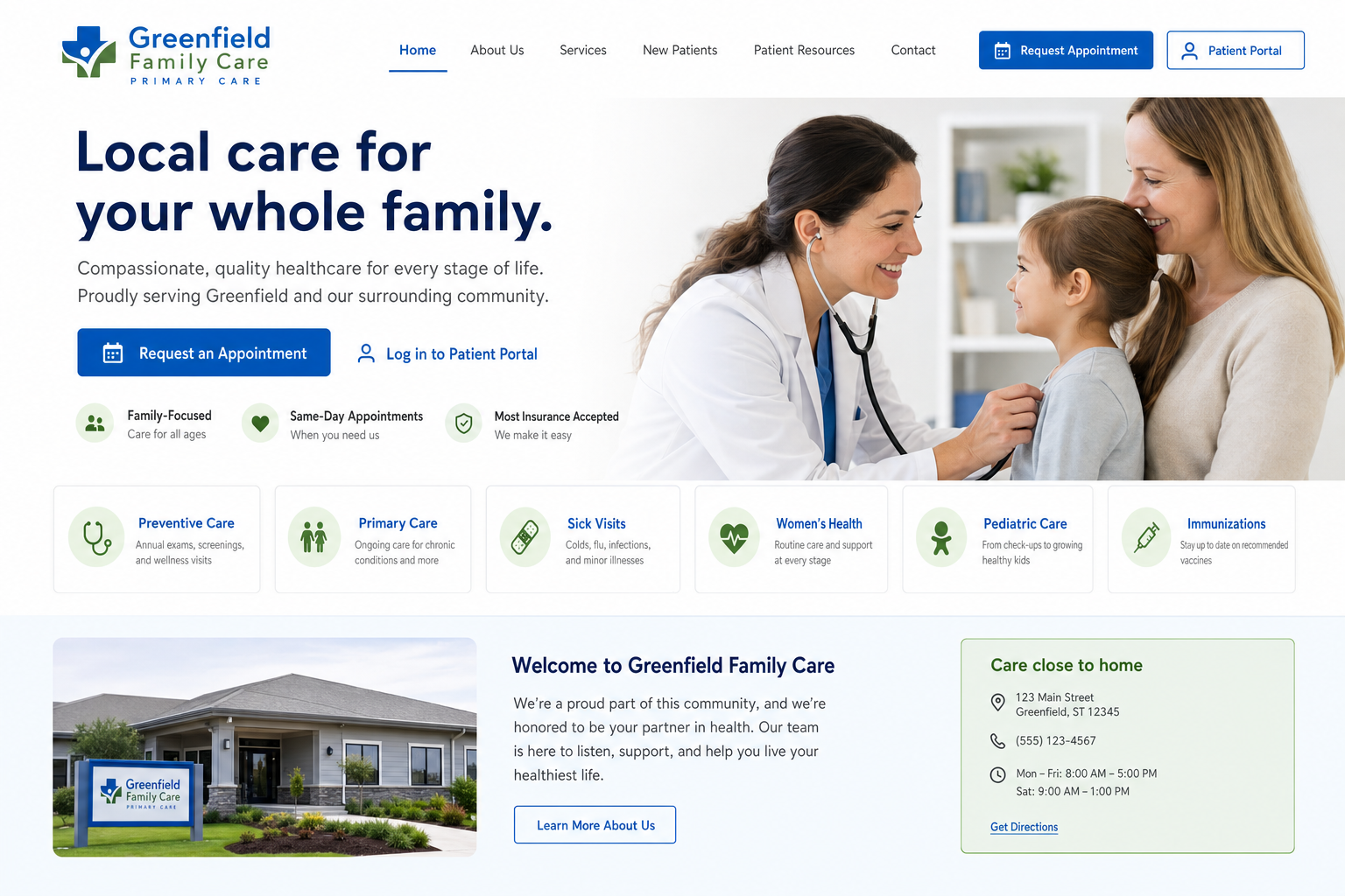 Example primary care clinic website homepage