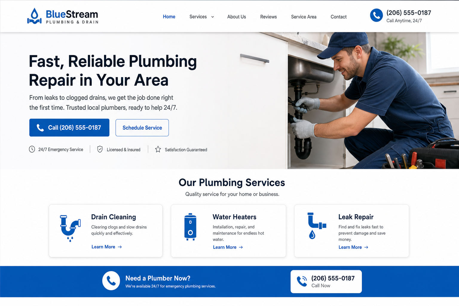 Example homepage for a local plumbing company with service cards and a call button