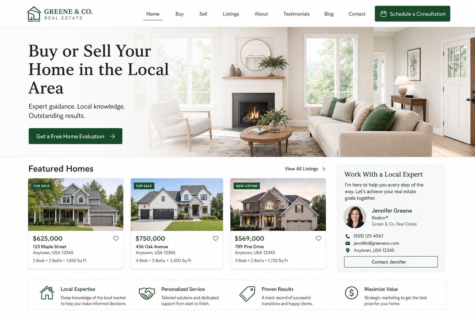 Example homepage for a local real estate agent with property listings