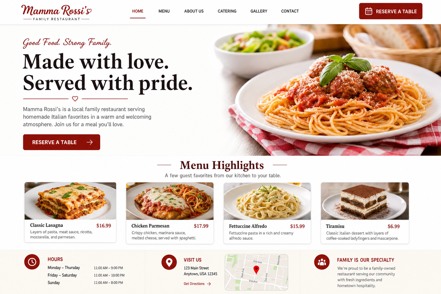Example homepage for a local family restaurant with menu and reservations