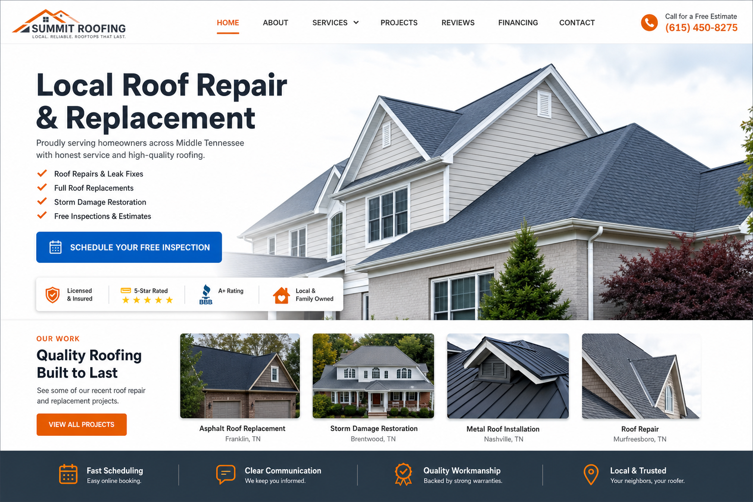 Example roofing contractor website homepage